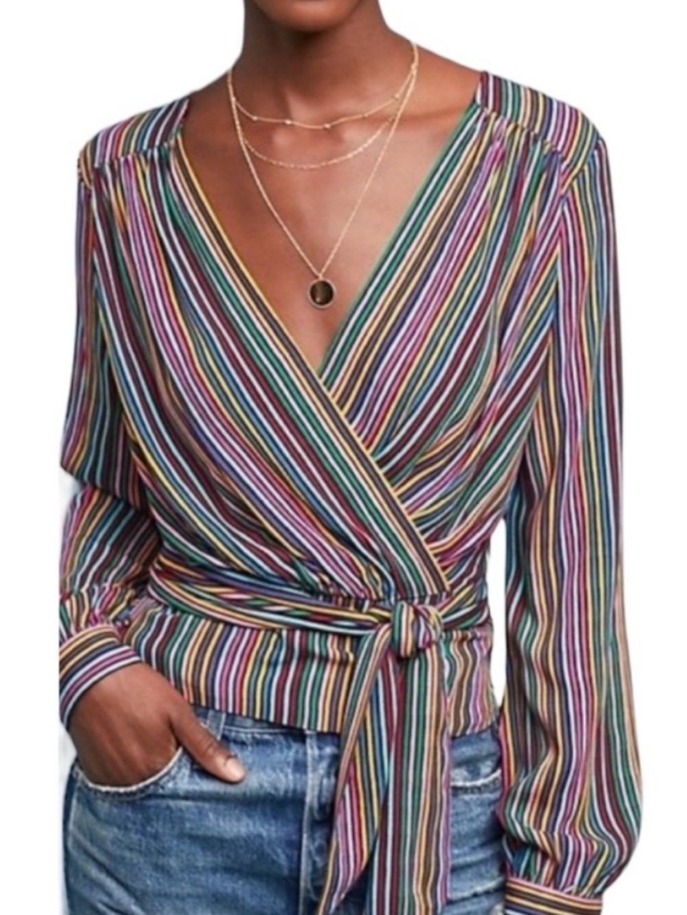 Anthropologie Maeve Lisa Wrap Blouse Multicolor Stripe Tie Waist Women’s Size 10